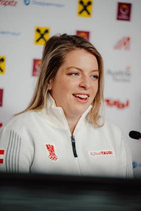 OLYMPICS - Winter Olympic Games, Olympische Spiele, Olympia, OS Milano Cortina 2026 CORTINA D AMPEZZO,ITALY,13.FEB.26 - OLYMPICS, BOBSLEIGH - Winter Olympic Games Milano Cortina 2026, monobob women, 2-man, press conference, PK, Pressekonferenz OEBSV, Austria House. Image shows Katrin Beierl (AUT) during an interview.  GEPAxpictures xAlexanderxSolc