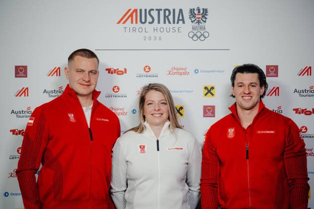 OLYMPICS - Winter Olympic Games, Olympische Spiele, Olympia, OS Milano Cortina 2026 CORTINA D AMPEZZO,ITALY,13.FEB.26 - OLYMPICS, BOBSLEIGH - Winter Olympic Games Milano Cortina 2026, monobob women, 2-man, press conference, PK, Pressekonferenz OEBSV, Austria House. Image shows Markus Treichl (AUT), Katrin Beierl (AUT) and Jakob Mandlbauer (AUT).  GEPAxpictures xAlexanderxSolc