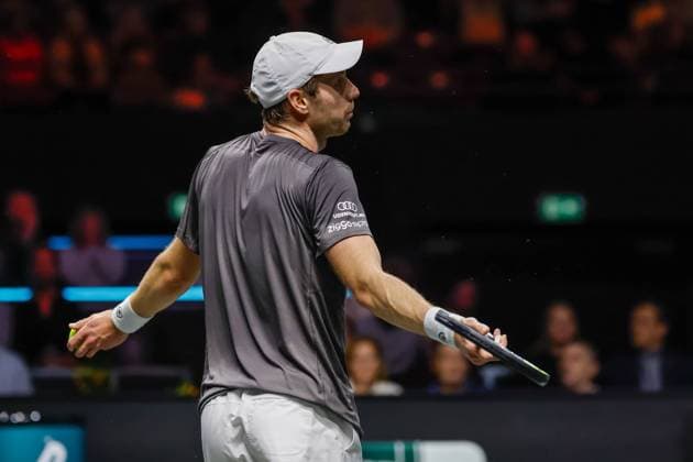 Botic van de Zandschulp in action against Alex de Minaur ABN AMRO Open, Day 5, Day Five, ABN AMRO Open, Rotterdam Ahoy, February 13, 2026, Rotterdam, Netherlands.
