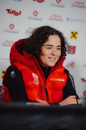 OLYMPICS - Winter Olympic Games, Olympische Spiele, Olympia, OS Milano Cortina 2026 CORTINA D AMPEZZO,ITALY,13.FEB.26 - OLYMPICS, ALPINE SKIING - Winter Olympic Games Milano Cortina 2026, giant slalom, women, press conference, PK, Pressekonferenz Ski Austria, Austria House. Image shows Julia Scheib (AUT) during an interview.  GEPAxpictures xAlexanderxSolc