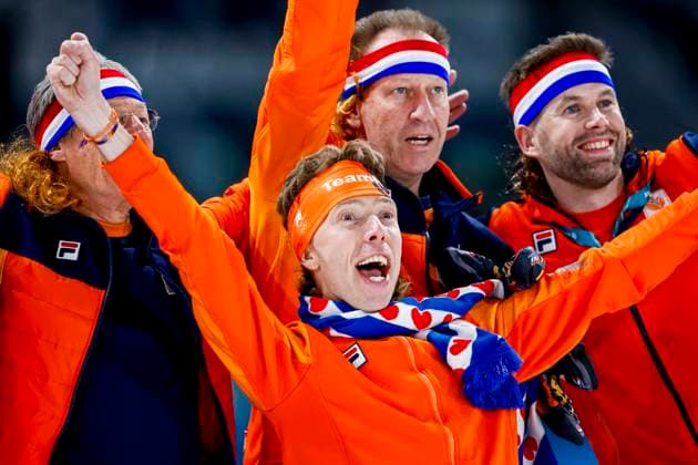 coach Jillert Anema of TeamNL and Arjan Samplonius of TeamNL and third Jorrit Bergsma of the Netherlands celebrates after Men s 10000m, Milano Cortina 2026 Winter Olympics: Day 7, Speed skating, Eisschnelllauf - Milano Cortina 2026 Winter Olympics: Day 7, Milano Speed Skating Stadium, February 13, 2026, Milan, Italy.