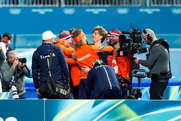 2026-02-13 - Milano Cortina 2026 Winter Olympics 10000m Men MILAN, ITALY - FEBRUARY 13: Jillert Anema, Jorrit Bergsma of Netherlands, Metodej Jilek of Czechia, Arjan Samplonius during the 10000m Men on the Milano Cortina 2026 Winter Olympics at the Milano Speed skating, Eisschnelllauf Arena on February 13, 2026 in Milan, Italy Milan Milano Speed Skating Arena Italy Content not available for redistribution in The Netherlands directly or indirectly through any third parties. Copyright: xAndrexWeeningx