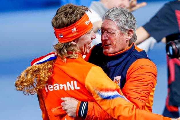 coach Jillert Anema of TeamNL and third Jorrit Bergsma of the Netherlands celebrates after Men s 10000m, Milano Cortina 2026 Winter Olympics: Day 7, Speed skating, Eisschnelllauf - Milano Cortina 2026 Winter Olympics: Day 7, Milano Speed Skating Stadium, February 13, 2026, Milan, Italy.