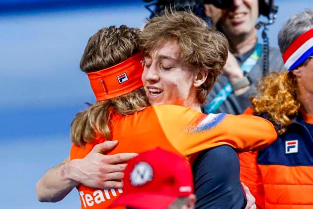 third Jorrit Bergsma of the Netherlands and winner Metodej Jilek of Czechia celebrates after Men s 10000m, Milano Cortina 2026 Winter Olympics: Day 7, Speed skating, Eisschnelllauf - Milano Cortina 2026 Winter Olympics: Day 7, Milano Speed Skating Stadium, February 13, 2026, Milan, Italy.