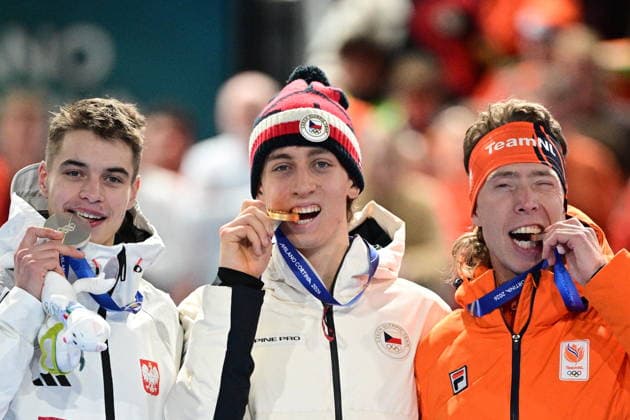 XXV Winter Olympic Games, Olympische Spiele, Olympia, OS in Milan, Italy, on February 13, 2026. Speed skating, Eisschnelllauf Men s 10000m. On the podium from left: Vladimir Semirunniy from Poland, Metodej Jilek from Czech Republic and Jorrit Bergsma from Netherlands. (CTKxPhoto MichalxKamaryt) CTKPhotoP2026021308858  CTKPhotoP2026021308858