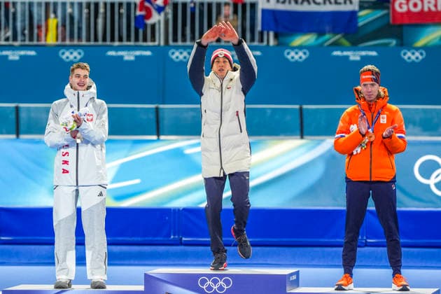 2026-02-13 - Milano Cortina 2026 Winter Olympics 10000m Men MILAN, ITALY - FEBRUARY 13: Vladimir Semirunniy of Poland, Metodej Jilek of Czechia, Jorrit Bergsma of Netherlands during the 10000m Men on the Milano Cortina 2026 Winter Olympics at the Milano Speed skating, Eisschnelllauf Arena on February 13, 2026 in Milan, Italy Milan Milano Speed Skating Arena Italy Content not available for redistribution in The Netherlands directly or indirectly through any third parties. Copyright: xAndrexWeeningx