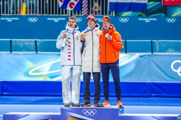 2026-02-13 - Milano Cortina 2026 Winter Olympics 10000m Men MILAN, ITALY - FEBRUARY 13: Vladimir Semirunniy of Poland, Metodej Jilek of Czechia, Jorrit Bergsma of Netherlands during the 10000m Men on the Milano Cortina 2026 Winter Olympics at the Milano Speed skating, Eisschnelllauf Arena on February 13, 2026 in Milan, Italy Milan Milano Speed Skating Arena Italy Content not available for redistribution in The Netherlands directly or indirectly through any third parties. Copyright: xAndrexWeeningx