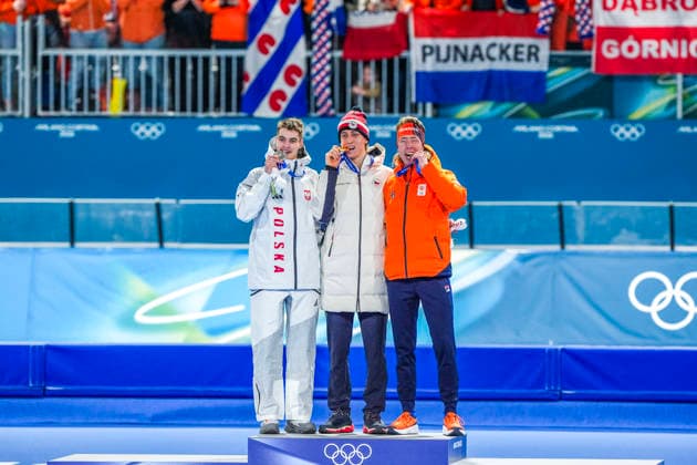 2026-02-13 - Milano Cortina 2026 Winter Olympics 10000m Men MILAN, ITALY - FEBRUARY 13: Vladimir Semirunniy of Poland, Metodej Jilek of Czechia, Jorrit Bergsma of Netherlands during the 10000m Men on the Milano Cortina 2026 Winter Olympics at the Milano Speed skating, Eisschnelllauf Arena on February 13, 2026 in Milan, Italy Milan Milano Speed Skating Arena Italy Content not available for redistribution in The Netherlands directly or indirectly through any third parties. Copyright: xAndrexWeeningx
