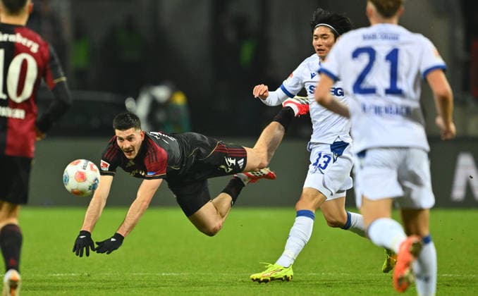 13 02 2026 Soccer Season 2025 2026 2 Soccer Bundesliga 22 Matchday 1 FC Nürnberg FCN Club Karlsruher SC KSC Sportfoto Zink xwoxzix DFL regulations prohibit any use of photographs as image sequences and or quasi video only for editorial use Luka Lochoshvili 24, 1 FC Nürnberg FCN Shio Fukuda 13, Karlsruher SC KSC