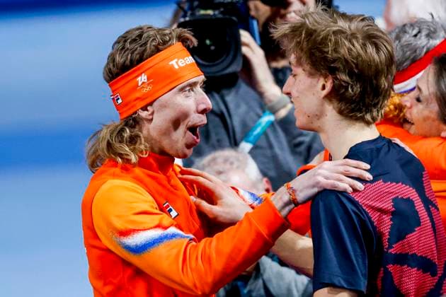 third Jorrit Bergsma of the Netherlands and winner Metodej Jilek of Czechia celebrates after Men s 10000m, Milano Cortina 2026 Winter Olympics: Day 7, Speed skating, Eisschnelllauf - Milano Cortina 2026 Winter Olympics: Day 7, Milano Speed Skating Stadium, February 13, 2026, Milan, Italy.