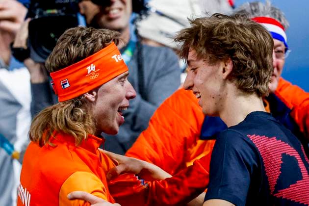 third Jorrit Bergsma of the Netherlands and winner Metodej Jilek of Czechia celebrates after Men s 10000m, Milano Cortina 2026 Winter Olympics: Day 7, Speed skating, Eisschnelllauf - Milano Cortina 2026 Winter Olympics: Day 7, Milano Speed Skating Stadium, February 13, 2026, Milan, Italy.