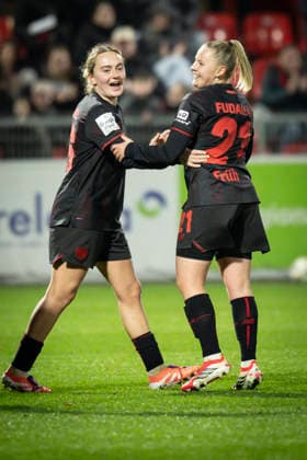 Womens Soccer Bundesliga Bayer 04 Leverkusen 1 FC Köln, 13 02 2026 Goal celebration Vanessa Fudalla Bayer 04 Leverkusen, 21 scores to 1 0 Bayer 04 Leverkusen 1 FC Köln on matchday 18 of the Google Pixel Womens Bundesliga on 13 02 2026 at Ulrich Haberland Stadium in Leverkusen North Rhine-Westphalia DFL REGULATIONS PROHIBIT ANY USE OF PHOTOGRAPHS AS IMAGE SEQUENCES AND OR QUASI VIDEO Copyright: xBEAUTIFULxSPORTS AxelxKohringx