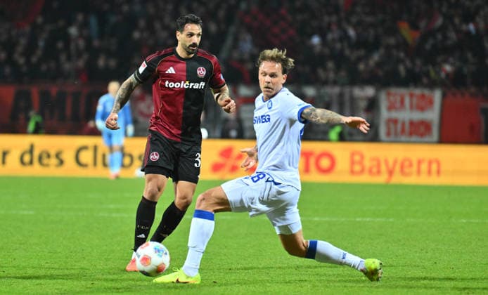 13 02 2026 Soccer Season 2025 2026 2 Soccer Bundesliga 22 Matchday 1 FC Nürnberg FCN Club Karlsruher SC KSC Sportfoto Zink xwoxzix DFL regulations prohibit any use of photographs as image sequences and or quasi video only for editorial use Adriano Grimaldi 33, 1 FC Nürnberg FCN Marcel Franke 28, Karlsruher SC KSC