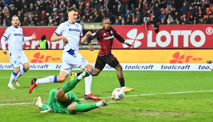 13 02 2026 Soccer Season 2025 2026 2 Soccer Bundesliga 22 Matchday 1 FC Nürnberg FCN Club Karlsruher SC KSC Sportfoto Zink xwoxzix DFL regulations prohibit any use of photographs as image sequences and or quasi video only for editorial use Mohamed Ali Zoma 23, 1 FC Nürnberg FCN scores Goal Goal Shot for 3 0 against Hans Christian Bernat 1, Karlsruher SC KSC Paul Scholl 15, Karlsruher SC KSC