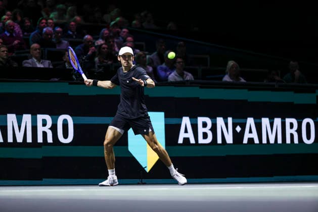 ABN AMRO Open 2026 - Quarter Finals Alex de Minaur of Australia spotted in action during the tennis game at the Men s Single category, a match against Botic van de Zandschulp of the Netherlands at the indoor ATP500 tournament ABN AMRO Open 2026 in Ahoy arena venue. Rotterdam, the Netherlands on February 13, 2026 Rotterdam Netherlands  Copyright: xNicolasxEconomoux originalFilename:economou-notitle260213_npNSI.jpg