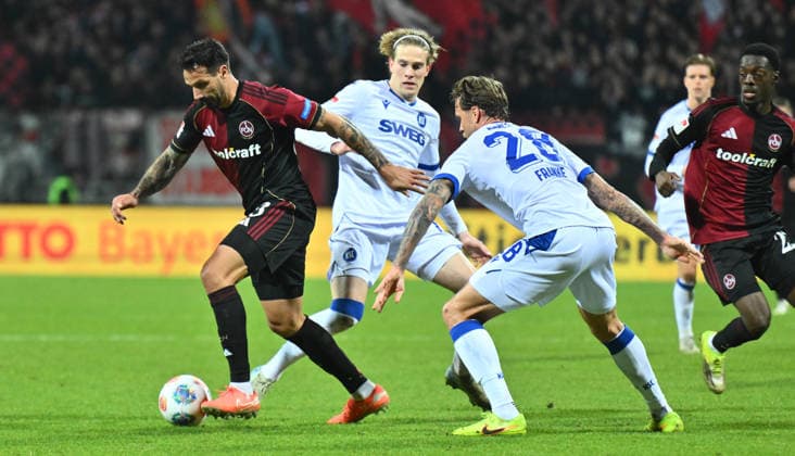 13 02 2026 Soccer Season 2025 2026 2 Soccer Bundesliga 22 Matchday 1 FC Nürnberg FCN Club Karlsruher SC KSC Sportfoto Zink xwoxzix DFL regulations prohibit any use of photographs as image sequences and or quasi video only for editorial use Adriano Grimaldi 33, 1 FC Nürnberg FCN David Herold 20, Karlsruher SC KSC Marcel Franke 28, Karlsruher SC KSC