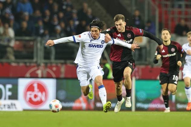 13 02 2026 Soccer Season 2025 2026 2 Soccer Bundesliga 22 Matchday 1 FC Nürnberg FCN Club Karlsruher SC KSC Sportfoto Zink DaMa xdaxmax DFL regulations prohibit any use of photographs as image sequences and or quasi video only for editorial use Shio Fukuda 13, Karlsruher SC KSC Adam Markhiev 6, 1 FC Nürnberg FCN