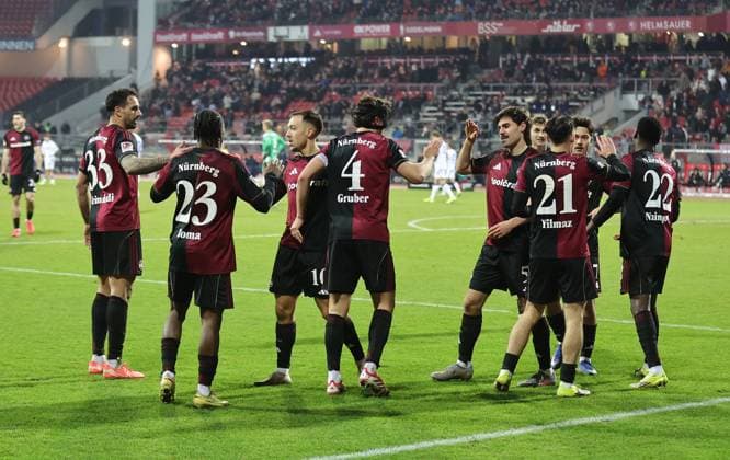 13 02 2026 Soccer Season 2025 2026 2 Soccer Bundesliga 22 Matchday 1 FC Nürnberg FCN Club Karlsruher SC KSC Sportfoto Zink DaMa xdaxmax DFL regulations prohibit any use of photographs as image sequences and or quasi video only for editorial use Jubel Freude Torjubel nach Tor zum 4 0 Mohamed Ali Zoma 23, 1 FC Nürnberg FCN und Mannschaft Team jubelt freut sich Torschütze Mohamed Ali Zoma 23, 1 FC Nürnberg FCN