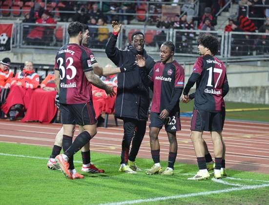 13 02 2026 Soccer Season 2025 2026 2 Soccer Bundesliga 22 Matchday 1 FC Nürnberg FCN Club Karlsruher SC KSC Sportfoto Zink DaMa xdaxmax DFL regulations prohibit any use of photographs as image sequences and or quasi video only for editorial use Jubel Freude Torjubel nach Tor zum 5 1 Mohamed Ali Zoma 23, 1 FC Nürnberg FCN und Mannschaft Team jubelt freut sich Torschütze Mohamed Ali Zoma 23, 1 FC Nürnberg FCN