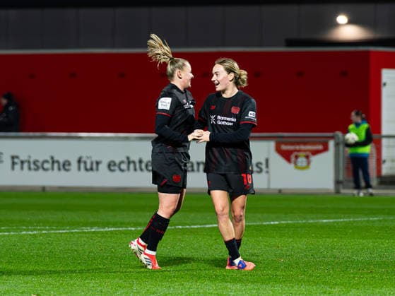 Vanessa Fudalla Bayer 04 Leverkusen, 21 and Sofie Zdebel Bayer 04 Leverkusen, 16 after 1 0 Bayer 04 Leverkusen vs 1 FC Koeln, Football, Womens Bundesliga, Google Pixel Womens Bundesliga, Matchday 18, Season 2025 2026, 13 02 2026 DFB REGULATES PROHIBIT ANY USE OF PHOTOGRAPHS AS IMAGE SEQUENCES AND OR QUASI VIDEO, Bayer 04 Leverkusen vs 1 FC Koeln, Football, Womens Bundesliga, Google Pixel Womens Bundesliga, Matchday 18, Season 2025 2026, 13 02 2026 Leverkusen Copyright: xEibner-Pressefoto DamianxKruczynx EP_DKI