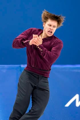 Deniss Vasiljevs of Latvia performs his routine during the Men s Single Figure skating, Eiskunstlauf Final at the Milano Figure Skating Arena in Milan, Italy on Friday, February 13, 2026. Vasiljevs scored a 226.46.  OLY20260213410 RICHARDxELLIS
