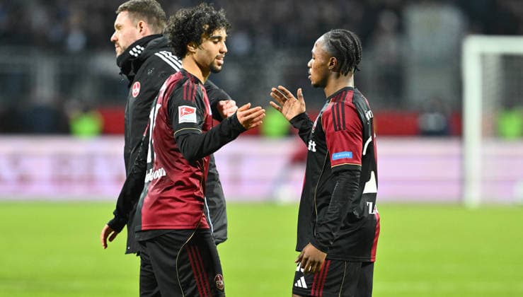 13 02 2026 Soccer Season 2025 2026 2 Soccer Bundesliga 22 Matchday 1 FC Nürnberg FCN Club Karlsruher SC KSC Sportfoto Zink xwoxzix DFL regulations prohibit any use of photographs as image sequences and or quasi video only for editorial use Ayoub Chaikhoun 17, 1 FC Nürnberg FCN Mohamed Ali Zoma 23, 1 FC Nürnberg FCN after end of match