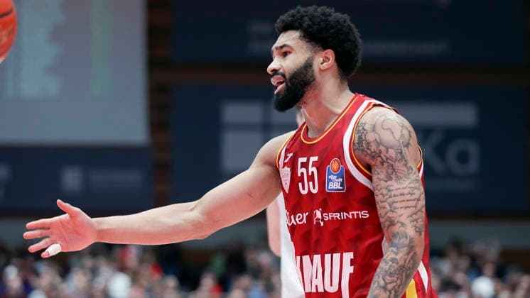 In the picture David Muenkat Wuerzburg Baskets, 55 13 02 2026, Fitness First Wuerzburg Baskets vs MLP Academics Heidelberg, easyCredit BBL, Matchday 20, Germany, 97072, tectake Arena Wuerzburg, Copyright: HMBxMedia xJulienxBecker