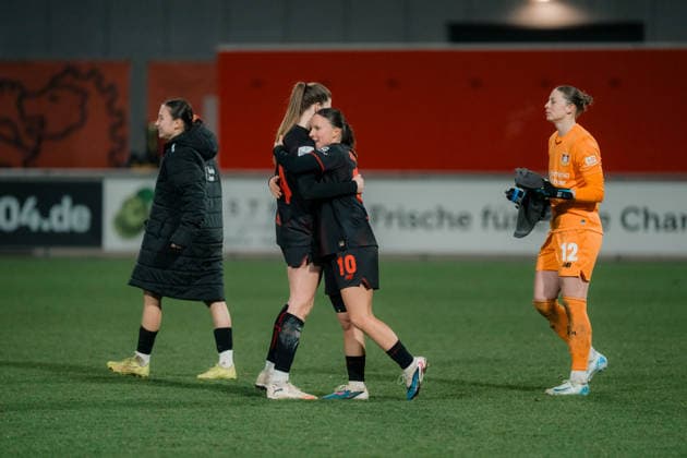 13.02.26, Women, Football, Google Pixel Frauen Bundesliga, Season 2025 2026, Bayer 04 Leverkusen - 1.FC Köln, Matchday 18 Lilla Turanyi ( 24 - Bayer 04 Leverkusen) and Estrella Merino Gonzalez ( 10 - Bayer 04 Leverkusen) celebration of win after the match Leverkusen Ulrich-Haberland-Stadion NRW Deutschland