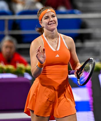 WTA, Tennis Damen QATAR OPEN 2026-SEMIFINAL Karolina Muchova of the Czech Republic celebrates after winning women s singles semifinal match against Maria Sakkari of Greece during the WTA Qatar TotalEnergies Open 2026 tennis tournament at the Khalifa International Tennis Complex in Doha, Qatar, on February 13, 2026. ¨ DOHA Qatar Copyright: xNOUSHADx