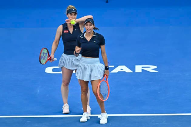 WTA, Tennis Damen Qatar TotalEnergies Open 2026-doubles semifinal in Doha - 13 Feb 2026 Gabriela Dabrowski (R) of Canada and Luisa Stefani of Brazil seen in react during the Women s doubles semifinal match against Anna Danilina of Kazakhstan and Aleksandra Krunic of Serbia (not in view) at the WTA Qatar TotalEnergies Open 2026 tennis tournament at the Khalifa International Tennis Complex. Anna Danilina Aleksandra Krunic won against Gabriela Dabrowski Luisa Stefani. 6-3,6-4. Doha Qatar Copyright: xNoushadxVariyattiyakkalx xSOPAxImagesx NVRITYAKAL1-012