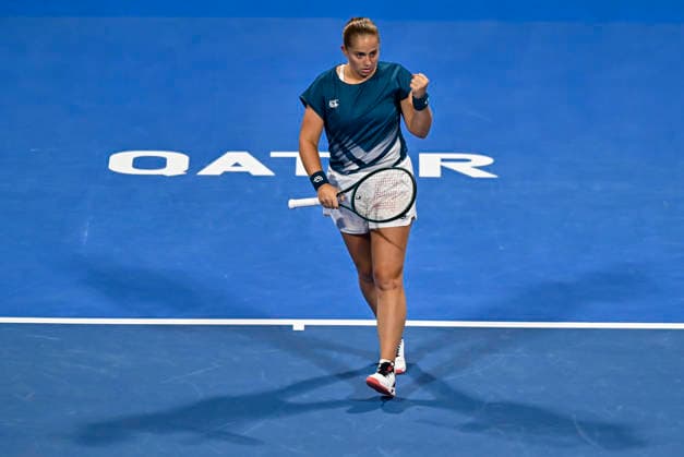 February 13, 2026, Doha, Qatar: Jelena Ostapenko of Latvia plays against Victoria Mboko of Canada (not in view) during their women s singles semifinal match at the WTA, Tennis Damen Qatar TotalEnergies Open 2026 tennis tournament at the Khalifa International Tennis Complex. Victoria Mboko won against Jelena Ostapenko 6-3,6-2. WTA Qatar TotalEnergies Open 2026-Semifinal Women S Match - 13 Feb 2026  - ZUMAs197 20260213_aaa_s197_194 Copyright: xNoushadxVariyattiyakkalx