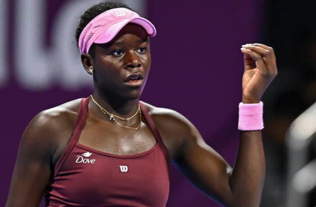 February 13, 2026, Doha, Qatar: Victoria Mboko of Canada seen in reacts plays against Jelena Ostapenko of Latvia ( not in view) during their women s singles semifinal match at the WTA, Tennis Damen Qatar TotalEnergies Open 2026 tennis tournament at the Khalifa International Tennis Complex. Victoria Mboko won against Jelena Ostapenko 6-3,6-2. WTA Qatar TotalEnergies Open 2026-Semifinal Women S Match - 13 Feb 2026  - ZUMAs197 20260213_aaa_s197_221 Copyright: xNoushadxVariyattiyakkalx