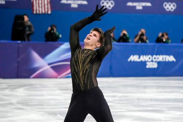 Andrew Torgashev of United States performs his routine during the Men s Single Figure skating, Eiskunstlauf Final at the Milano Figure Skating Arena in Milan, Italy on Friday, February 13, 2026. Torgashev scored a 259.06.  OLY20260213431 RICHARDxELLIS