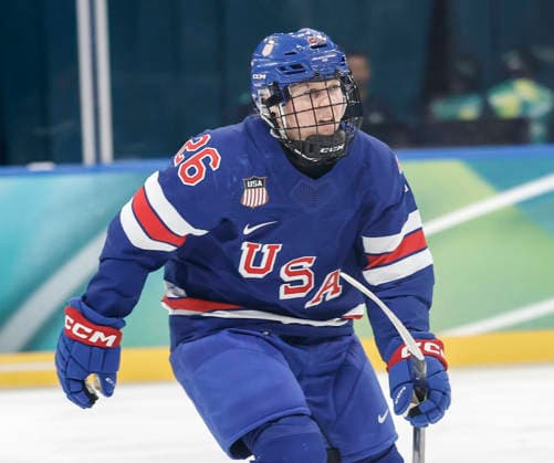 United States Kendall Coyne (26) skates after scoring her second goal in the second period of the Women s Playoff Quarterfinal game between Italy and the USA at the Milano Rho Ice hockey, Eishockey Arena in Milan, Italy, on Friday, February 13, 2026.  OLY202602138618 AARONxJOSEFCZYK