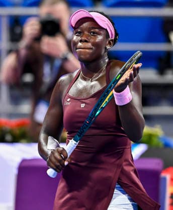 WTA, Tennis Damen QATAR OPEN 2026-SEMIFINAL Victoria Mboko of Canada celebrates after winning women s singles semifinal match against Jelena Ostapenko of Latvia during the WTA Qatar TotalEnergies Open 2026 tennis tournament at the Khalifa International Tennis Complex in Doha, Qatar, on February 13, 2026. ¨ ¨ DOHA Qatar Copyright: xNOUSHADx