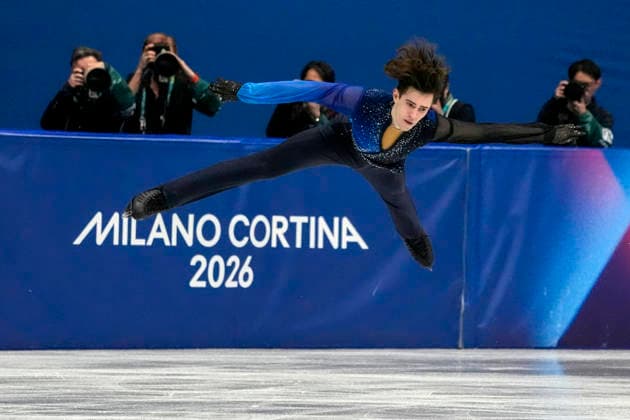Mikhail Shaidorov of Kazakhstan performs his routine during the Men s Single Figure skating, Eiskunstlauf Final at the Milano Figure Skating Arena in Milan, Italy on Friday, February 13, 2026. Shaidorov scored a 291.58.  OLY20260213442 RICHARDxELLIS
