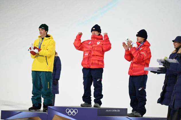 February 13, 2026, Livigno, Sondrio, Italy: Scotty James from Australia,Yuto Totsuka from Japan,Ryusei Yamada from Japan during the Winter Olympic Games, Olympische Spiele, Olympia, OS Milano Cortina 2026, in Livigno Snow Park , on February 13 2026, in Livigno, Italy Livigno Italy - ZUMAm345 20260213_oly_m345_068 Copyright: xFedericoxManonix