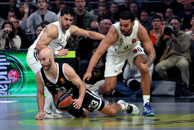 Partizan v Real Madrid, Euroleague, season 2025 2026, round 28 Belgrade, Serbia. 13th Feb, 2026. Partizan s Nick Calathes and Real Madrid s Facundo Campazzo Real Madrid s Trey Lyles during Euroleague basketball match between Partizan and Real Madrid on February 13. 2026. in Belgrade, Serbia. Belgrade Serbia Copyright: xPedjaxMilosavljevic STARSPORTx