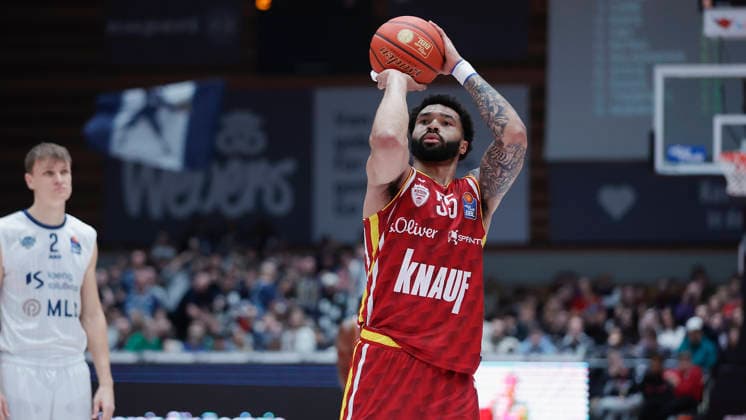 In the picture David Muenkat Wuerzburg Baskets, 55 with the free throws 13 02 2026, Fitness First Wuerzburg Baskets vs MLP Academics Heidelberg, easyCredit BBL, Matchday 20, Germany, 97072, tectake Arena Wuerzburg, Copyright: HMBxMedia xJulienxBecker
