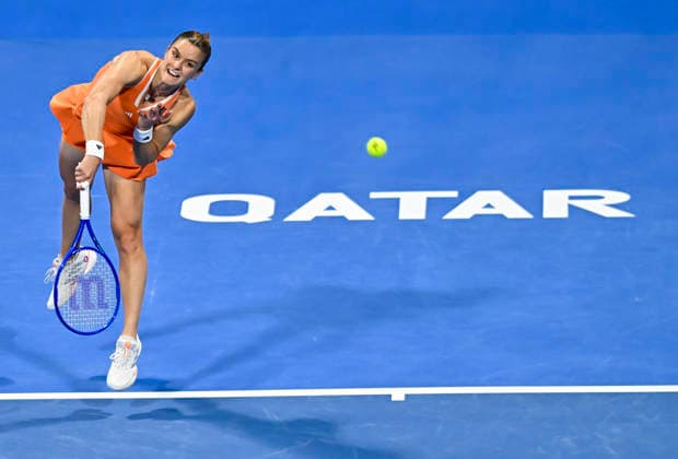 February 13, 2026, Doha, Qatar: Maria Sakkari of Greece plays against Karolina Muchova of the Czech Republic ( not in view) during their women s singles semifinal match at the WTA, Tennis Damen Qatar TotalEnergies Open 2026 tennis tournament at the Khalifa International Tennis Complex. .?? Karolina Muchova won against Maria Sakkari 3-6,6-4,6-1. Doha Qatar - ZUMAs197 20260213_aaa_s197_647 Copyright: xNoushadxVariyattiyakkalx