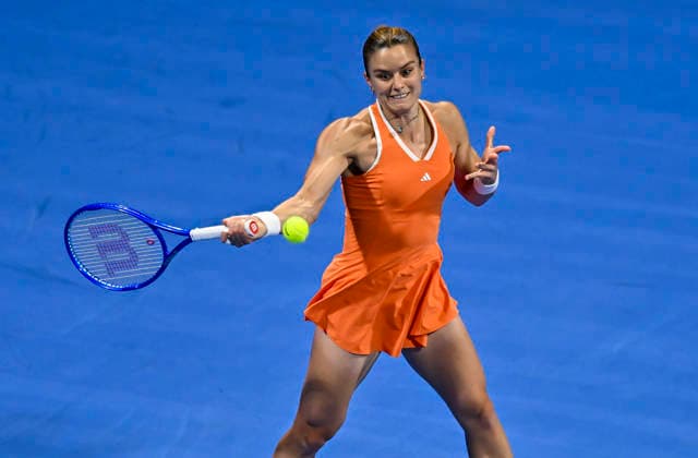 February 13, 2026, Doha, Qatar: Maria Sakkari of Greece plays against Karolina Muchova of the Czech Republic ( not in view) during their women s singles semifinal match at the WTA, Tennis Damen Qatar TotalEnergies Open 2026 tennis tournament at the Khalifa International Tennis Complex. .?? Karolina Muchova won against Maria Sakkari 3-6,6-4,6-1. Doha Qatar - ZUMAs197 20260213_aaa_s197_650 Copyright: xNoushadxVariyattiyakkalx