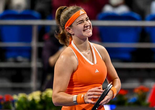 February 13, 2026, Doha, Qatar: Karolina Muchova of the Czech Republic celebrates after winning against Maria Sakkari of Greece ( not in view) in the women s singles semifinal match at the WTA, Tennis Damen Qatar TotalEnergies Open 2026 tennis tournament at the Khalifa International Tennis Complex. Karolina Muchova won against Maria Sakkari 3-6,6-4,6-1. Doha Qatar - ZUMAs197 20260213_aaa_s197_658 Copyright: xNoushadxVariyattiyakkalx