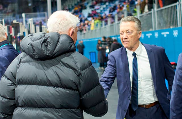 Head coach Harold Kreis of Germany Franz Reindl at the preliminary men Ice hockey, Eishockey match Group C Germany - Latvia of the Milano Cortina 2026 Winter Olympic Games, Olympische Spiele, Olympia, OS at Milano Rho Ice Hockey Arena on February 14, 2026 in Milan, Italy.