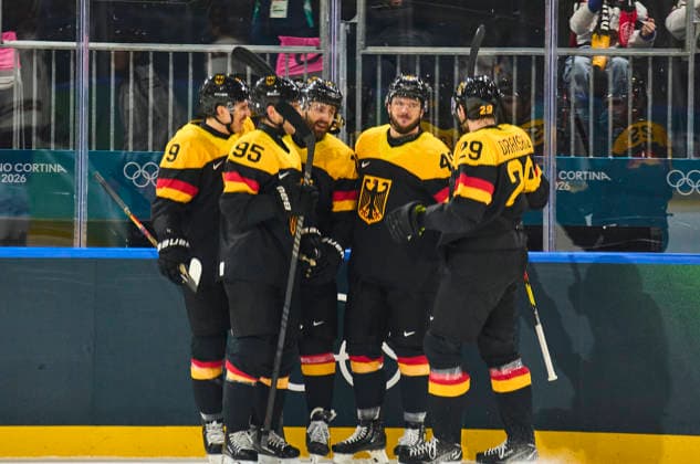 Lukas Kälble, Kaelble of Germany scores for 2-1 at the preliminary men Ice hockey, Eishockey match Group C Germany - Latvia of the Milano Cortina 2026 Winter Olympic Games, Olympische Spiele, Olympia, OS at Milano Rho Ice Hockey Arena on February 14, 2026 in Milan, Italy.