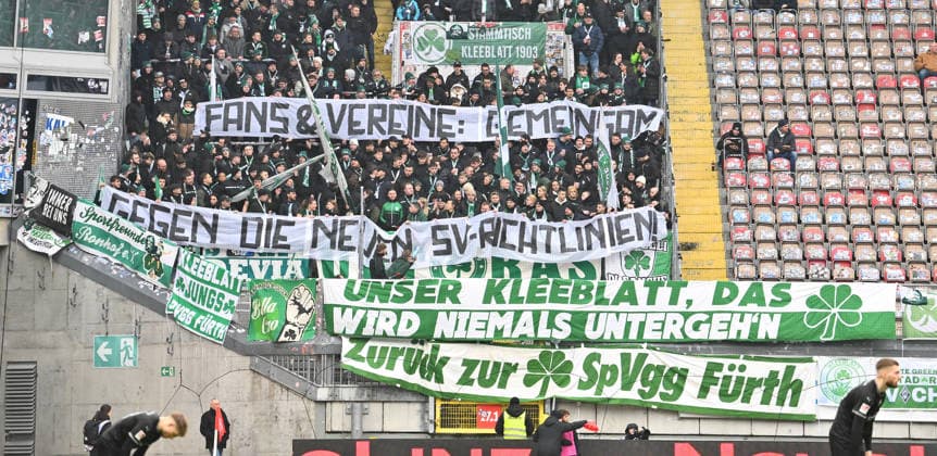 14 02 2026 Soccer Season 2025 2026 2 Soccer Bundesliga 22 Matchday 1 FC Kaiserslautern FCK Rote Teufel SpVgg Greuther Fürth SGF Kleeblatt Sportfoto Zink xwoxzix DFL regulations prohibit any use of photographs as image sequences and or quasi video only for editorial use Greutherfürthfans Fans Fanblock Kleeblattfans Spruchband Banner