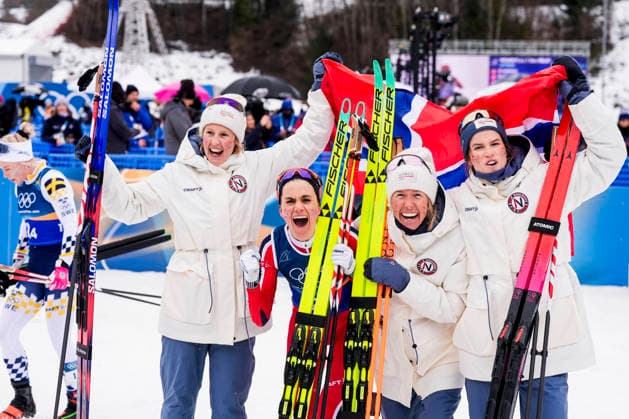 Winter Olympics in Milan Cortina 2026 Val di Fiemme, Italy 20260214. Kristin Austgulen Fosnaes, Astrid oyre Slind, Karoline Simpson-Larsen and Heidi Weng from Norway cheer during the women s 4 x 7.5 km cross-country relay at Lago di Tesero during the Winter Olympics in Milano Cortina 2026. Photo: Terje Pedersen NTB Val di Fiemme Italy EDITORIAL USE ONLY. RESTRICTED USE FOR BETTING COMPANIES Ref:_SPOHzQ8_Qa7C5g.jpg *** Winter Olympics in Milan Cortina 2026 Val di Fiemme, Italy 20260214 Kristin Austgulen Fosnaes, Astrid oyre Slind, Karoline Simpson Larsen and Heidi Weng from Norway cheer during the women s 4 x 7 5 km cross country relay at Lago di Tesero during the Winter Olympics in Milano Cortina 2026 Photo Terje Pedersen NTB Val di Fiemme Italy EDITORIAL USE ONLY RESTRICTED USE FOR BETTING COMPANIES  Copyright: xTerjexPedersenx xNTBx