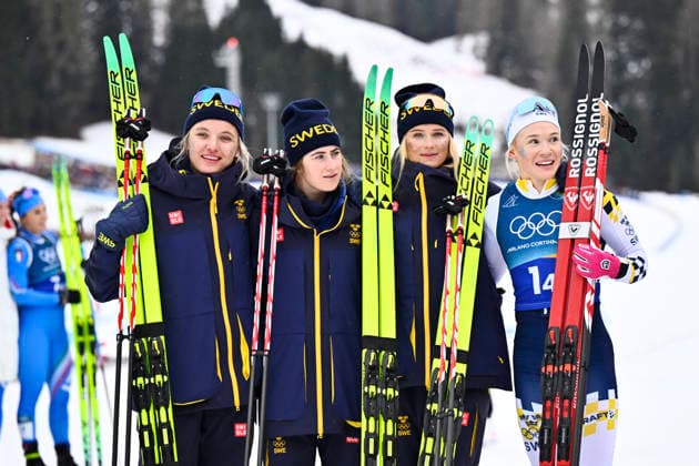VAL DI FIEMME, ITALIEN 20260214 Sveriges Linn Svahn, Ebba Andersson, Frida Karlsson och Jonna Sundling tar silver i damernas stafett 4 x 7,5 km under vinter-OS pa Tesero längdskidstadion i Val di Fiemme, Italien. *** Bilden ingar i SPORTPAKET. För övriga BETALBILD *** VAL DI FIEMME ITALIEN x10430x *** VAL DI FIEMME, ITALY 20260214 Swedens Linn Svahn, Ebba Andersson, Frida Karlsson and Jonna Sundling take silver in the womens 4 x 7.5 km relay during the Winter Olympics at Tesero cross-country ski stadium in Val di Fiemme, Italy Picture in SPORT PACKAGE For others PAY PICTURE VAL DI FIEMME ITALY x10430x  Copyright: xChristinexOlsson TTx OS 2026 SKIDOR STAFETT DAM