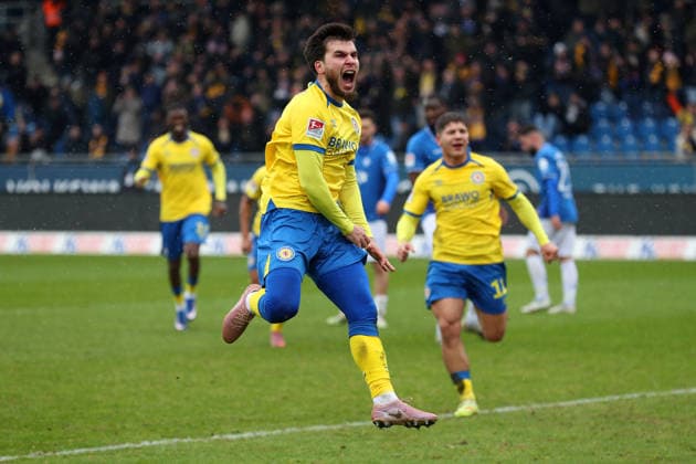 Braunschweig vs Darmstadt, 2 BL Braunschweig, 14 02 2026, Soccer, Men, 2 BL, Season 2025 2026, Eintracht Braunschweig vs SV Darmstadt 98 Mehmet Can Aydin Eintracht Braunschweig cheers with teammates after his penalty goal for 1 0 DFL DFB REGULATIONS PROHIBIT ANY USE OF PHOTOGRAPHS as IMAGE SEQUENCES and or QUASI VIDEO Stadion an der Hamburger Straße Niedersachsen Germany