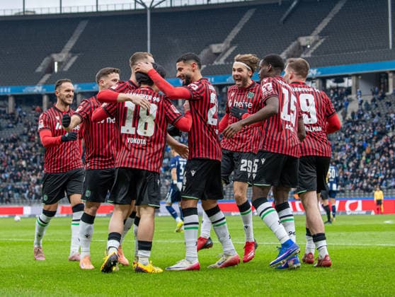 Soccer, Men, Season 2025 2026, 2 Bundesliga 22 Matchday , Hertha BSC Hannover 96, f l Virgil Ghita Hannover , Enzo Leopold Hannover , Maurice Neubauer Hannover , Daisuke Yokota Hannover , Elias Saad Hannover , Kolja Oudenne Hannover , Noel Aseko Hannover , Benjamin Källman Hannover , Cheering after goal to 0 2, 14 02 2026, Copyright: xSebastianxRäppold MatthiasxKochx