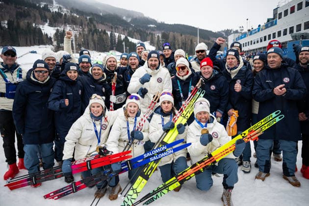 260214 Crown Prince Haakon of Norway with Kristin Austgulen Fosnaes, Astrid oyre Slind, Karoline Simpson-Larsen and Heidi Weng after the women s 4 x 7.5km relay cross-country skiing race during day 8 of the 2026 Winter Olympics on February 14, 2026 in Val di Fiemme. Photo: Maxim Thore BILDBYRAN kod MT MT0980 skidor cross-country skiing langrenn Olympic Games, Olympische Spiele, Olympia, OS olympics winter olympics os ol olympiska spel vinter-os olympiske leker milano cortina 2026 milan cortina 2026 milano cortina 2026 olympic games milano cortina 2026 winter olympic games milano cortina-os milano cortina-ol vinter-ol 8 bbeng stafett dam jubel norge guld gold gull *** 260214 Crown Prince Haakon of Norway with Kristin Austgulen Fosnaes, Astrid oyre Slind, Karoline Simpson Larsen and Heidi Weng after the women s 4 x 7 5km relay cross country skiing race during day 8 of the 2026 Winter Olympics on February 14, 2026 in Val di Fiemme Photo Maxim Thore BILDBYRAN kod MT MT0980 skidor cross country skiing langrenn olympic games olympics winter olympics os ol olympiska spel vinter os olympiske leker milano cortina 2026 milan cortina 2026 milano cortina 2026 olympic games milano cortina 2026 winter olympic games milano cortina os milano cortina ol vinter ol 8 bbeng stafett dam jubel norge guld gold gull  Copyright: MAXIMxTHORE BB260214MT051